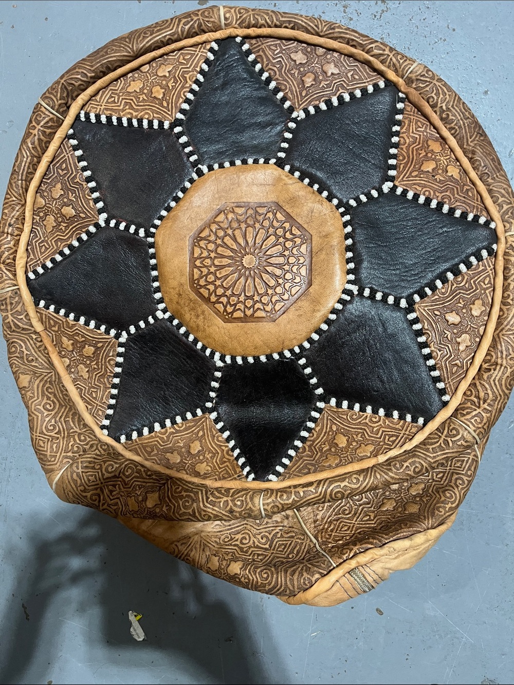 Handcrafted Brown and Black Leather Pouf Ottoman – Home Accents no filler